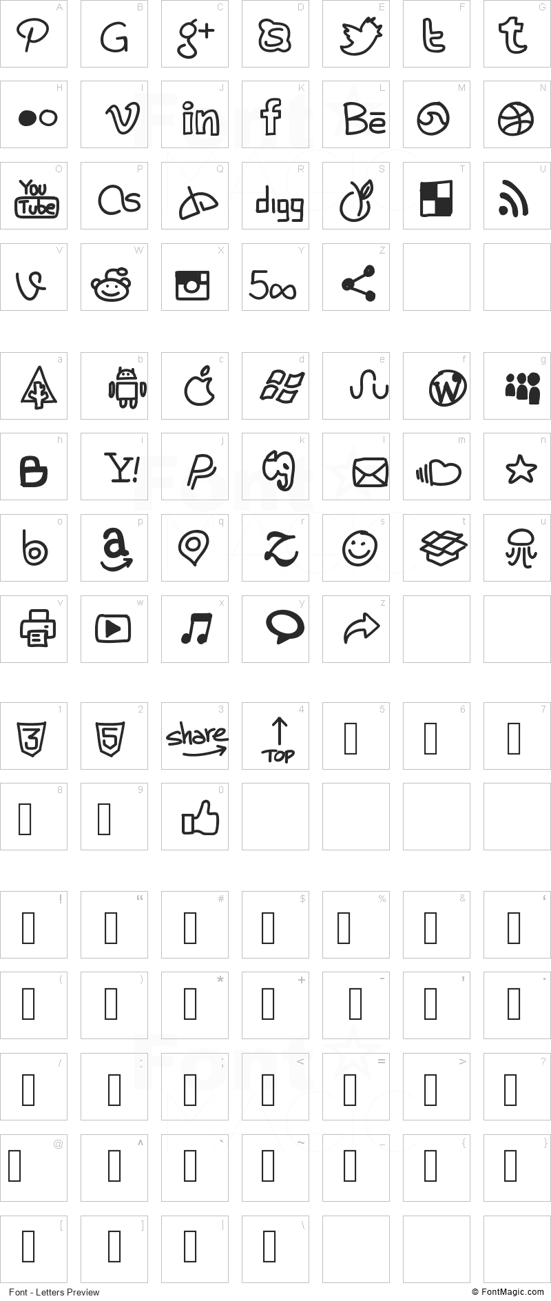 PW Handy Social Icons Font - All Latters Preview Chart